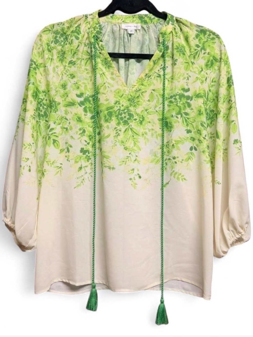 American Eagle Outfitters Cream Blouse with Green Floral Print and Tassel Ties
